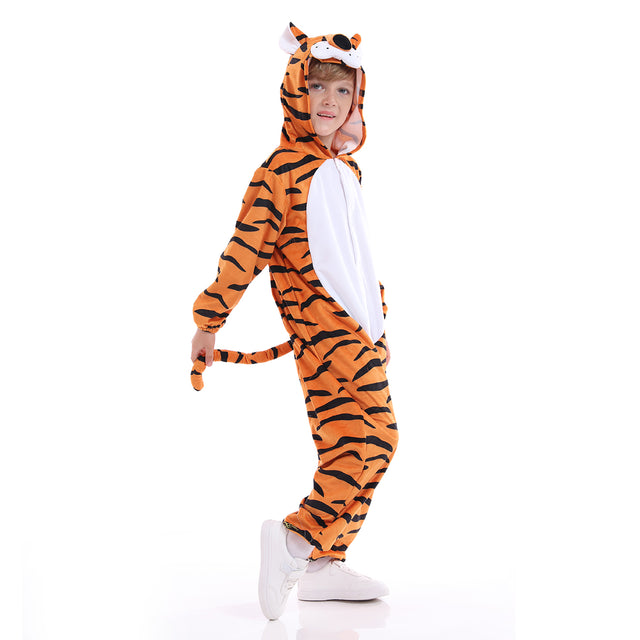 Tiger Hooded Costume for Unisex Kids, Halloween Animals Cosplay Jumpsuit Pajamas, Plush Autumn Winter Yellow Sleepwear