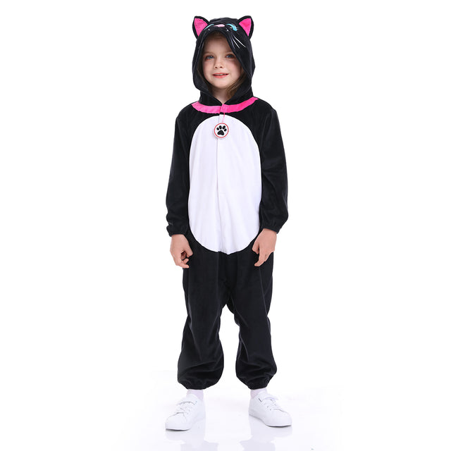 Animals Kitty Cosplay Costume Unisex kids, Plush Black Cat Jumpsuit Pajamas Child for Halloween Christmas Party