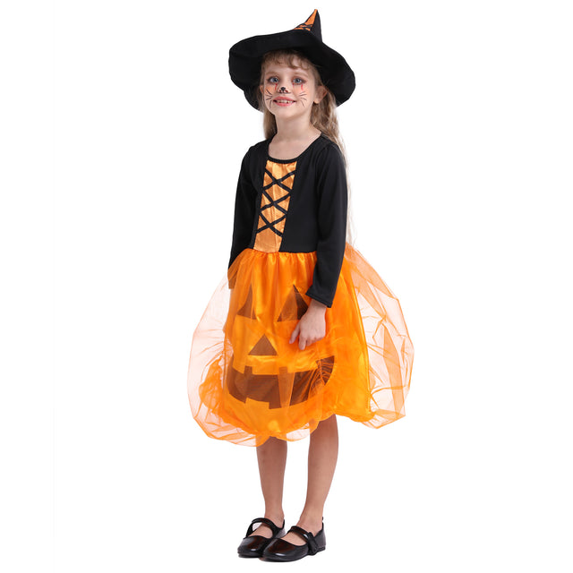 Halloween Light Up Pumpkin Witch Dress Girls,Cosplay Party Pumpkin Witch Costume with Hat for Kids,Orange Witch Outfit