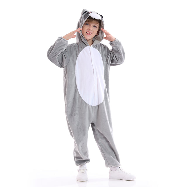 Unisex Halloween Sweet Raccoon Cosplay Costume Kids，Children Animal One-piece Pyjamas with Tail，Christmas Party Dress Up，Grey
