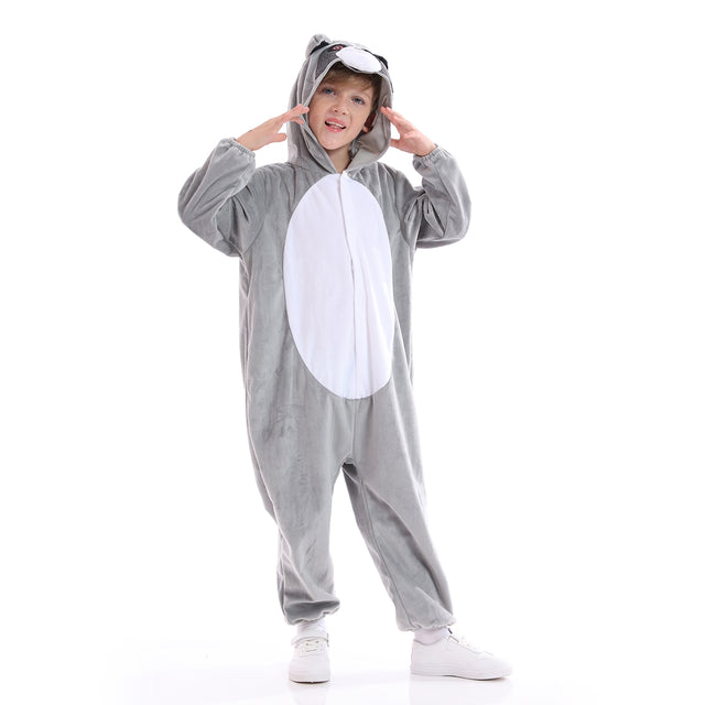 Unisex Halloween Sweet Raccoon Cosplay Costume Kids,Children Animal One-piece Pyjamas with Tail,Christmas Party Dress Up,Grey