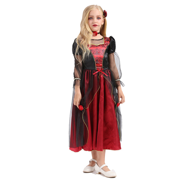 Halloween Royal Vampire Costume Girls,Deluxe Gothic Vampire's Outfit Kids,Victorian Queen Dress Girl with Accessories