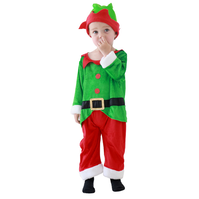 Santa Elf Costume with Hat Headband Unisex Baby for Christmas, Green Santa Elf Dress Kids for Cosplay Party