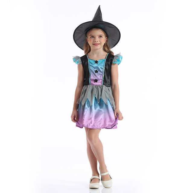 Halloween Star Witch Costume with Hat Girls,Fancy Party Dress Kids, Storybook Cosplay Outfit, Gradient Wizard Set Girl
