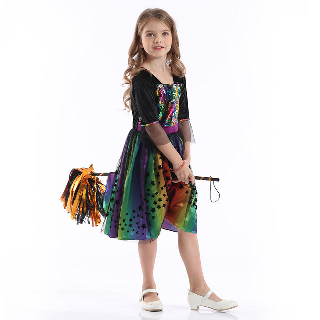 Rainbow Witch Costume with Hat Girls, Glitter Star Princess Dress Girl, Fairytale Pretend Set Kids