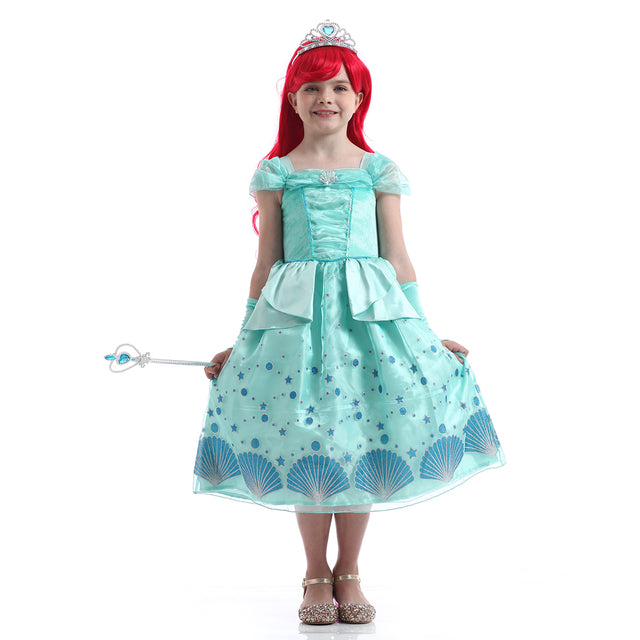 Green Mermaid Princess Dress Girls With Accessories, Wedding Party Bridesmaid Off Shoulder Dress Girl, Halloween Costume Kids