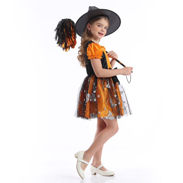 Halloween Star Moon Witch Costume,Fancy Party Dress Kids, Fairytale Storybook Pumpkin Cosplay Outfit,Orange Wizard Set Girl