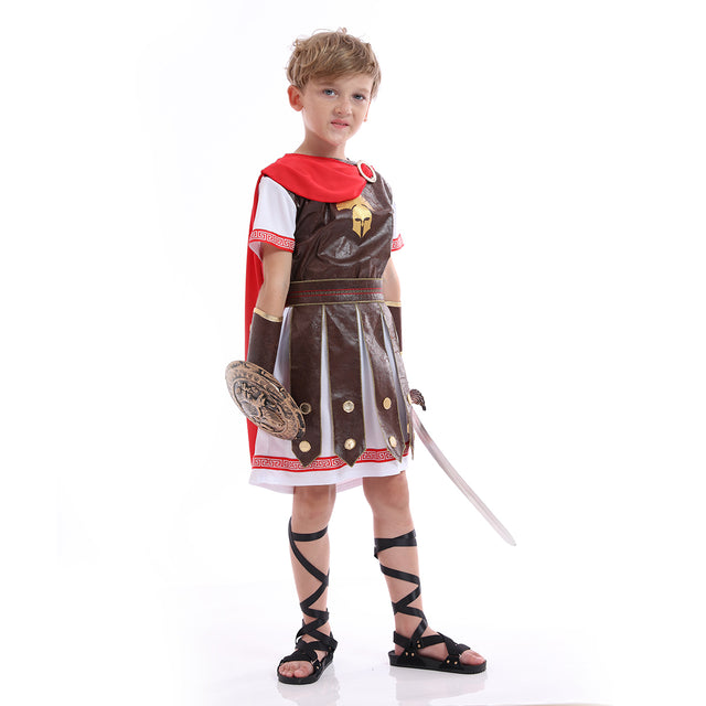 Roman Gladiator Costume Kids,Spartan Warriors Costumes For Child,Fearless Soldier Helmet with Red Cape outfit Boys,Khaki