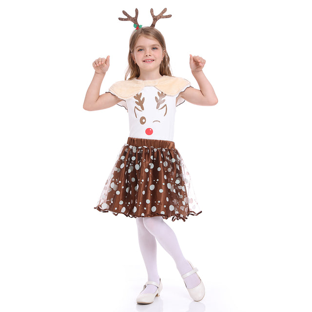 Reindeer TuTu Dress Girls with Antlers Headband for Christmas Cosplay Party,Animals Brown Deer Costume with Horn Girl