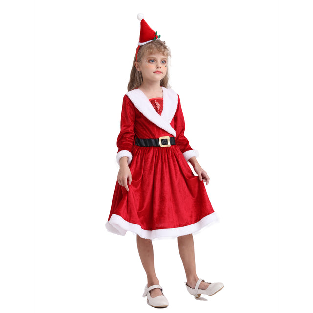 Christmas Santa Dress Girls for Cosplay Party,Red Classic Sweetie Santa Costume with Hat Headband