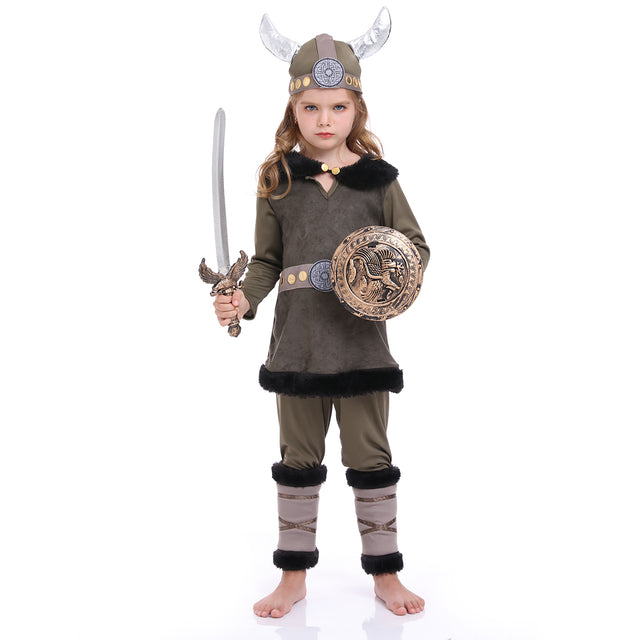 Unisex Vikings Warrior Costume for Kid, Scandinavian Pirate Outfit, Old Norse Raider Cosplay