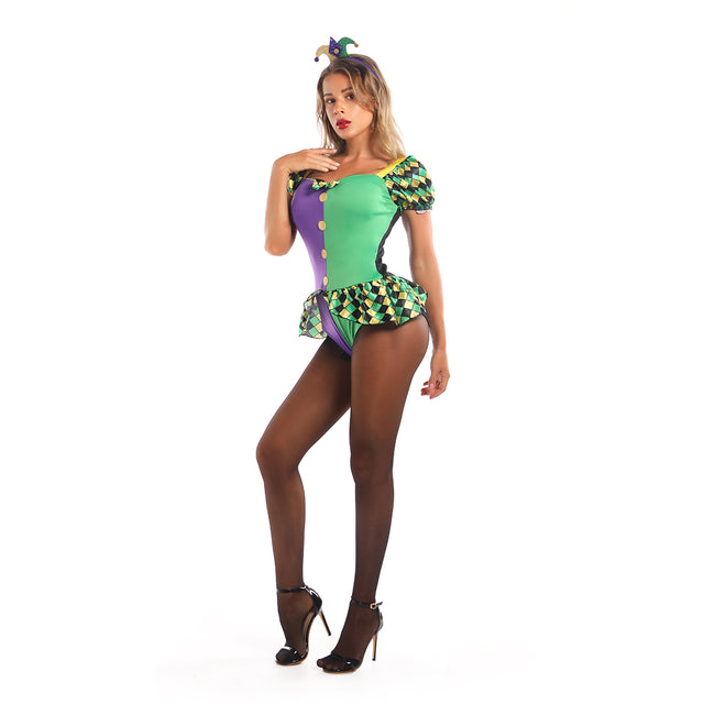 Halloween Clown Costume Women,Women's Sexy Clown Party Costume For Adults,Mesh,Purple & Green
