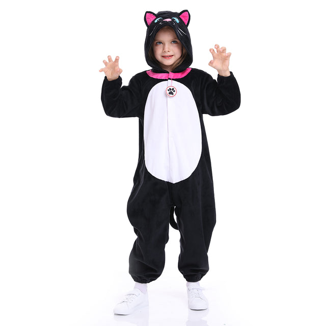 Animals Kitty Cosplay Costume Unisex kids, Plush Black Cat Jumpsuit Pajamas Child for Halloween Christmas Party