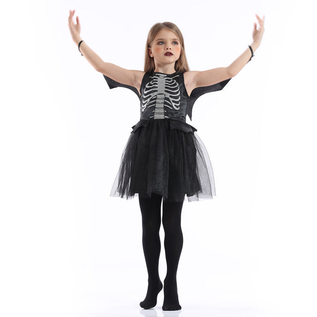Halloween Skeleton Costume Kids, Bat Dress with Wings Girls,Cosplay Party Carnival Black Set for Children