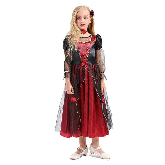 Halloween Royal Vampire Costume Girls,Deluxe Gothic Vampire's Outfit Kids,Victorian Queen Dress Girl with Accessories