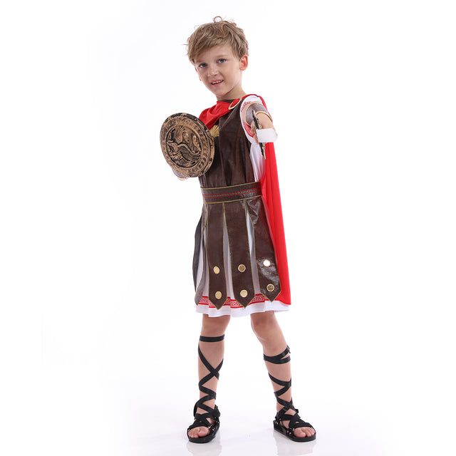 Roman Gladiator Costume Kids,Spartan Warriors Costumes For Child,Fearless Soldier Helmet with Red Cape outfit Boys,Khaki