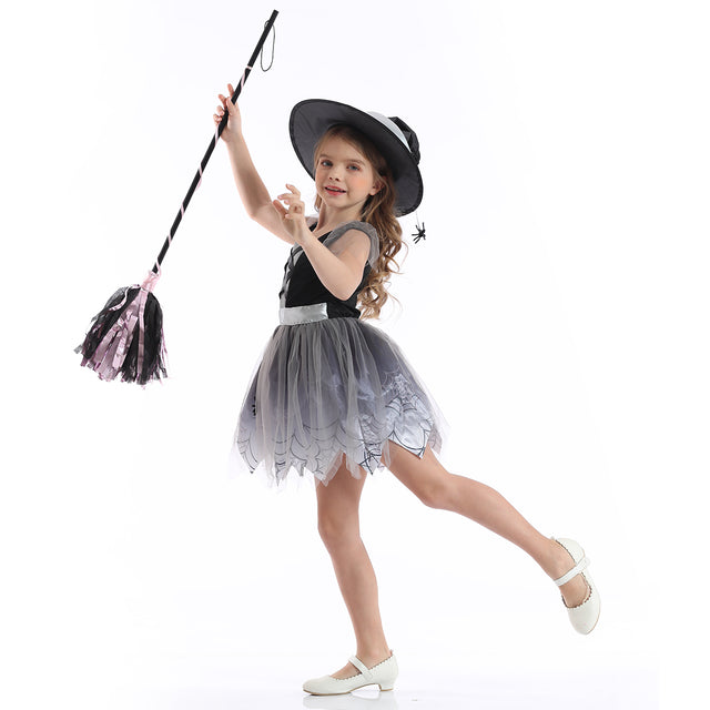 Halloween Spider Witch Costume With Hat Girls,Fancy Party Princess Dress Girl, Grey Spider Cosplay Outfit Kids