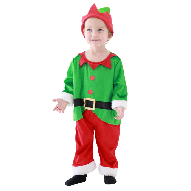 Santa Elf Costume with Hat Headband Unisex Baby for Christmas, Green Santa Elf Dress Kids for Cosplay Party