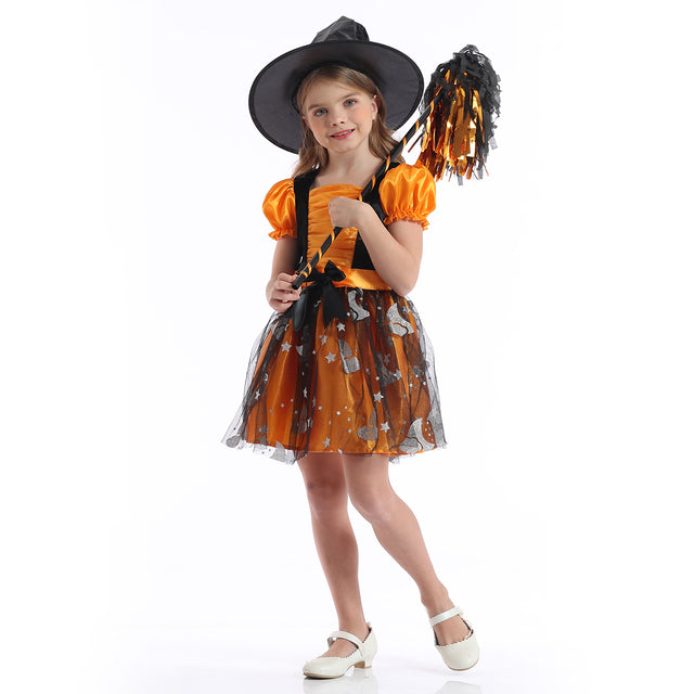 Halloween Star Moon Witch Costume,Fancy Party Dress Kids, Fairytale Storybook Pumpkin Cosplay Outfit,Orange Wizard Set Girl
