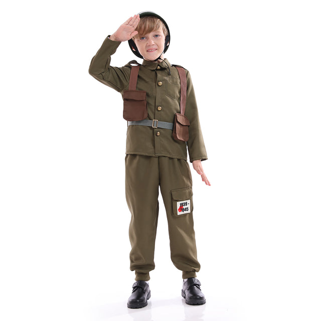 Army Soldier Costume Kids,Unisex WWII Soldier Dress Up with Hat,Halloween Cosplay Outfit,Khaki