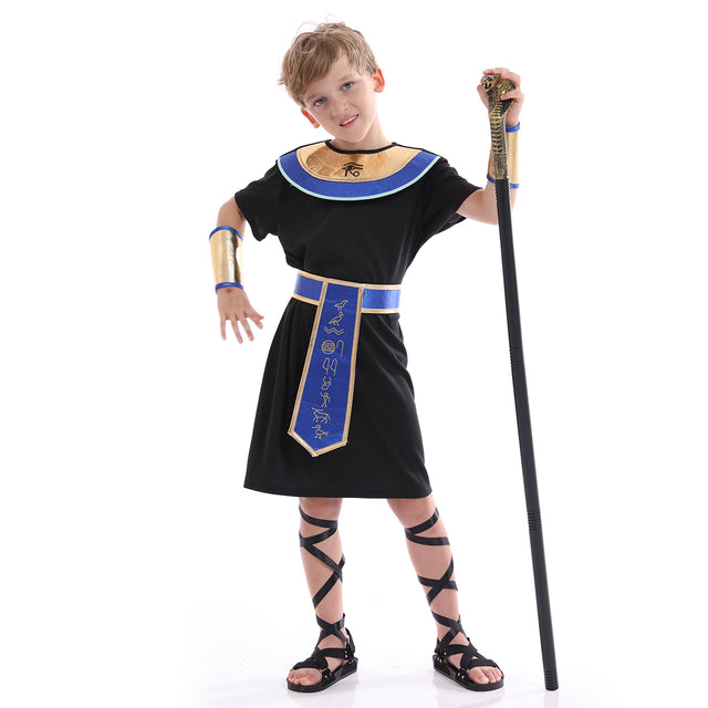 Pharaoh Costume Boys,Historical King Of Egypt Outfit Kids,Priest Cosplay Roleplay Fancy Dress For Child,Black,Blue