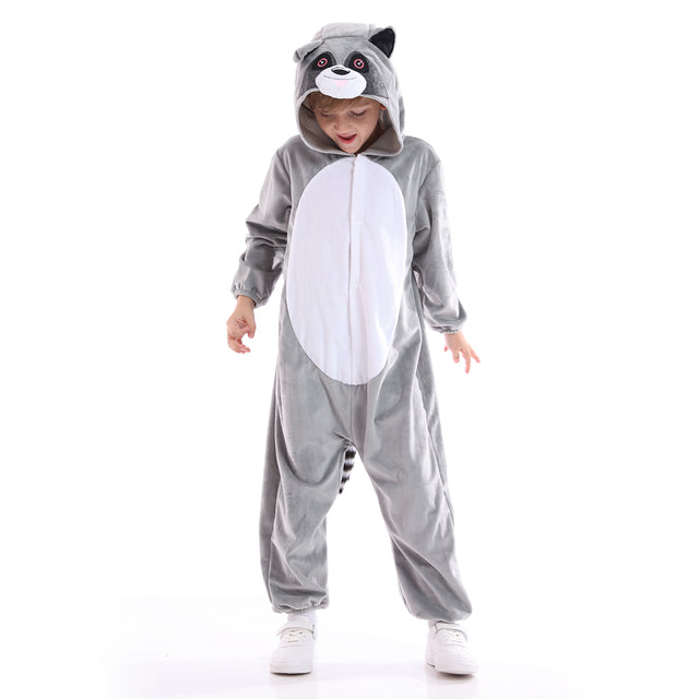 Unisex Halloween Sweet Raccoon Cosplay Costume Kids,Children Animal One-piece Pyjamas with Tail,Christmas Party Dress Up,Grey