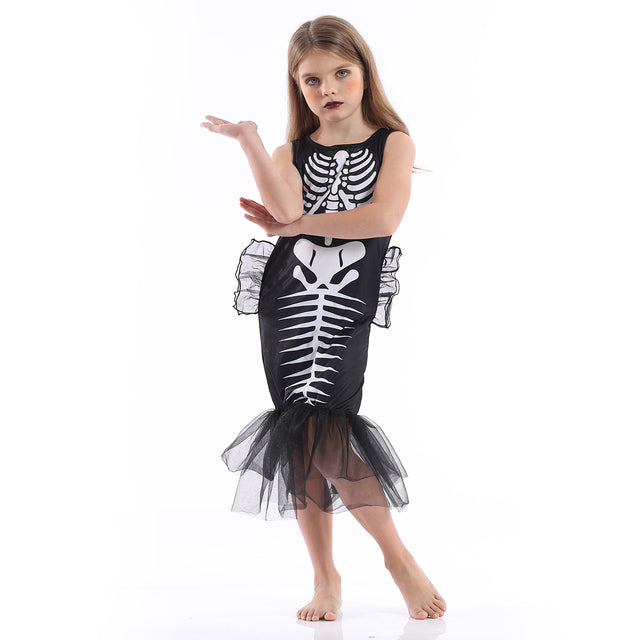 Girl's Mermaid Skeleton Costume,Halloween Black Dress Girls with Little Wings,Dark Spooky Outfit Kids