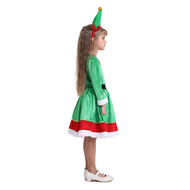 Santa Elf Costume with Hat Headband Girls for Christmas, Green Santa Elf Dress Kids for Cosplay Party