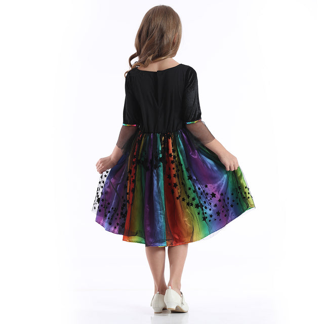 Rainbow Witch Costume with Hat Girls, Glitter Star Princess Dress Girl, Fairytale Pretend Set Kids