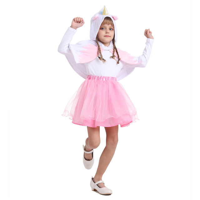 Unicorn Hooded Cape Costume with Dress Girls,Rainbow Unicorn Princess Cloak Dresses for Birthday Party Kids,White