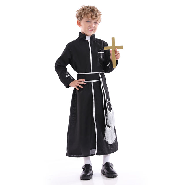 Priest Costume Kids for Halloween Party, Biblical Outfit with Belt Boys,Child’s Bible Dress Up, Clergyman Minister Set Boy