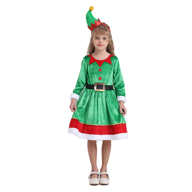 Santa Elf Costume with Hat Headband Girls for Christmas, Green Santa Elf Dress Kids for Cosplay Party
