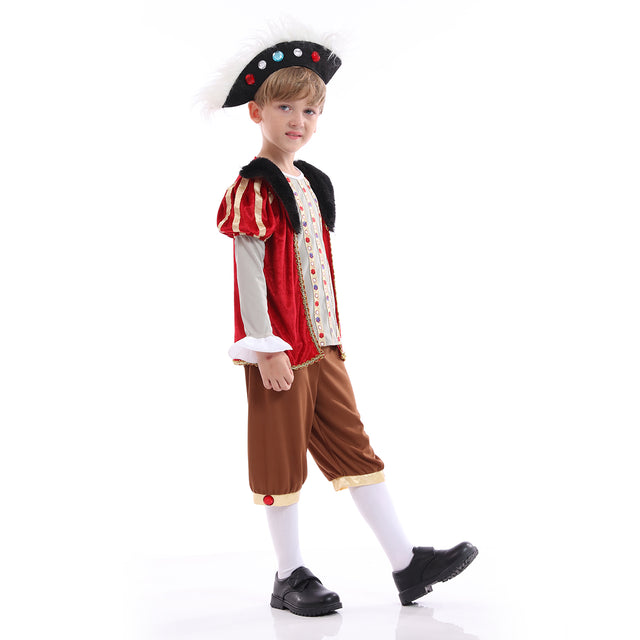 Royal Prince Costume Boys,Halloween Medieval King Outfit Kids, Christmas Child's Renaissance Tudor Cosplay Dress Up, Red