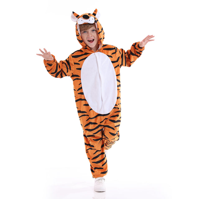 Tiger Hooded Costume for Unisex Kids, Halloween Animals Cosplay Jumpsuit Pajamas, Plush Autumn Winter Yellow Sleepwear