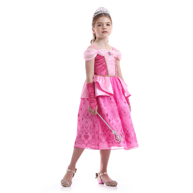 Pink Princess Dress Girls With Accessories, Wedding Party Bridesmaid Off Shoulder Costume Girl, Halloween Long Dress Kids