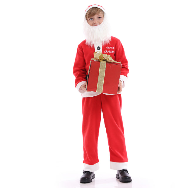 Deluxe Santa Claus Costume with Beard Kids for Christmas Cosplay Party,Classic Plush Santa Suit Boys with Hat
