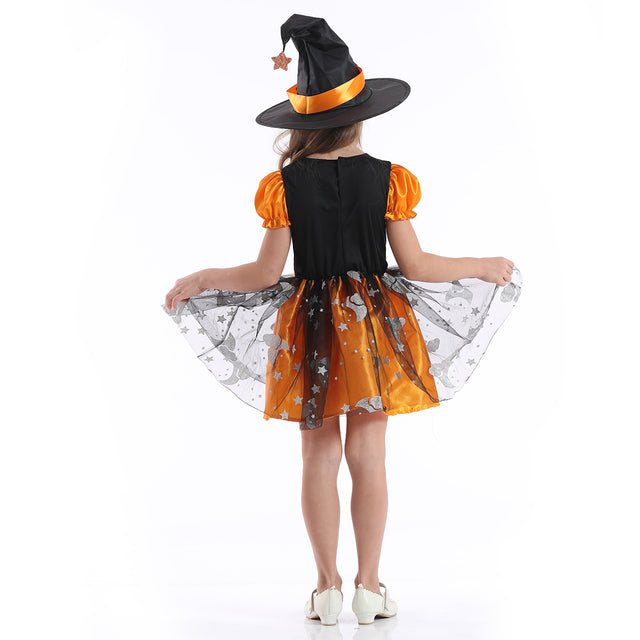 Halloween Star Moon Witch Costume,Fancy Party Dress Kids, Fairytale Storybook Pumpkin Cosplay Outfit,Orange Wizard Set Girl