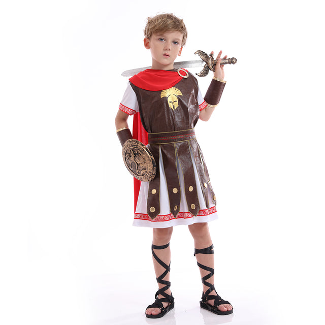 Roman Gladiator Costume Kids,Spartan Warriors Costumes For Child,Fearless Soldier Helmet with Red Cape outfit Boys,Khaki
