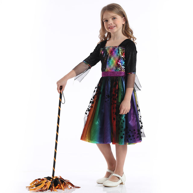 Rainbow Witch Costume with Hat Girls, Glitter Star Princess Dress Girl, Fairytale Pretend Set Kids