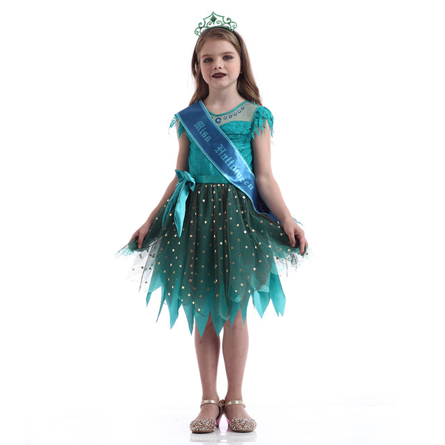 Storybook Green Witch Costume Girls,Halloween Cosplay Party Dress With Accessories Kids,Fairytale Wizard Witch Set Children