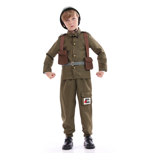 Army Soldier Costume Kids,Unisex WWII Soldier Dress Up with Hat,Halloween Cosplay Outfit,Khaki