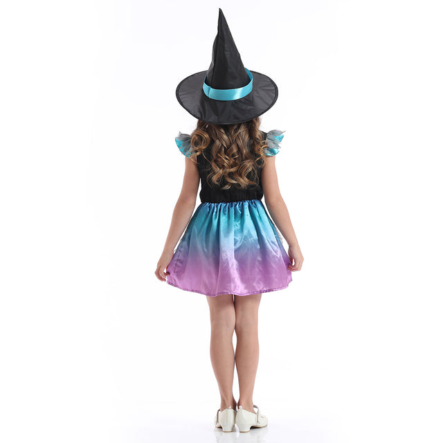 Halloween Star Witch Costume with Hat Girls,Fancy Party Dress Kids, Storybook Cosplay Outfit, Gradient Wizard Set Girl