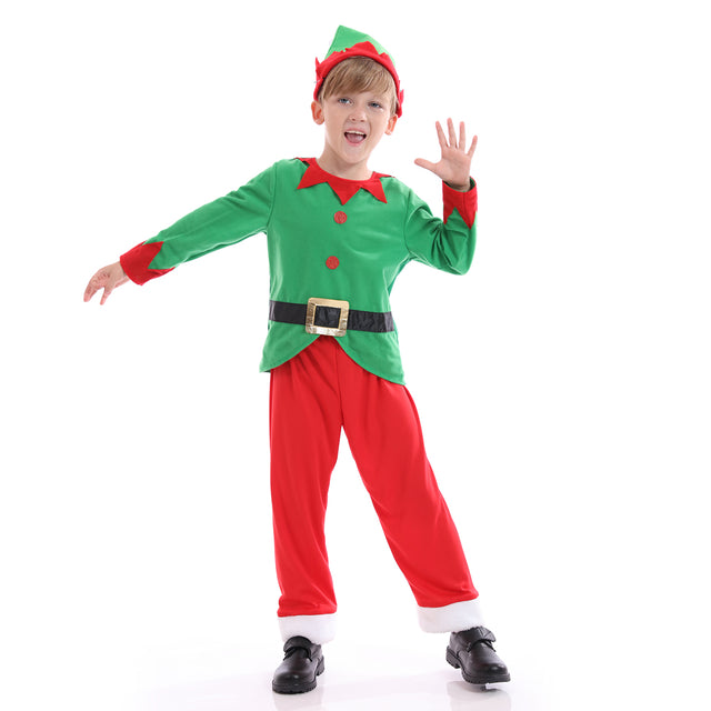 Santa Elf Costume with Hat Headband Unisex Kids for Christmas, Green Santa Elf Outfit Boys for Cosplay Party
