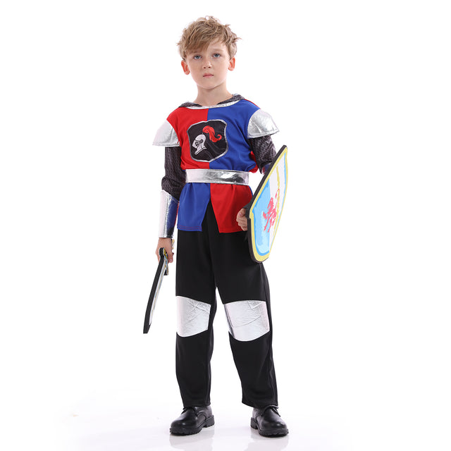 Gallant Knight Costume Kids,Valiant Dragon Slayer Outfit Boys,Knight Cosplay Dress Up For Child,Blue Red