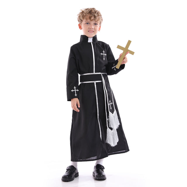Priest Costume Kids for Halloween Party, Biblical Outfit with Belt Boys,Child’s Bible Dress Up, Clergyman Minister Set Boy