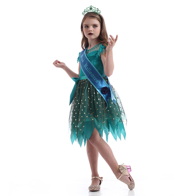 Storybook Green Witch Costume Girls,Halloween Cosplay Party Dress With Accessories Kids,Fairytale Wizard Witch Set Children