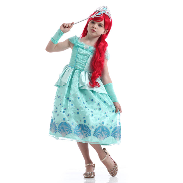Green Mermaid Princess Dress Girls With Accessories, Wedding Party Bridesmaid Off Shoulder Dress Girl, Halloween Costume Kids