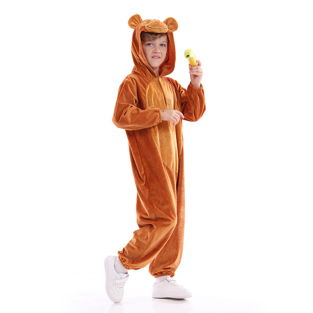 Unisex Monkey Costume Kids，Plush Hooded Simian Pajamas Child，Halloween Carnival Kid Jumpsuit Boys & Girls