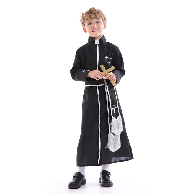 Priest Costume Kids for Halloween Party, Biblical Outfit with Belt Boys,Child’s Bible Dress Up, Clergyman Minister Set Boy