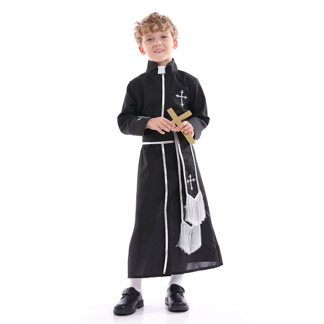 Priest Costume Kids for Halloween Party, Biblical Outfit with Belt Boys，Child’s Bible Dress Up, Clergyman Minister Set Boy